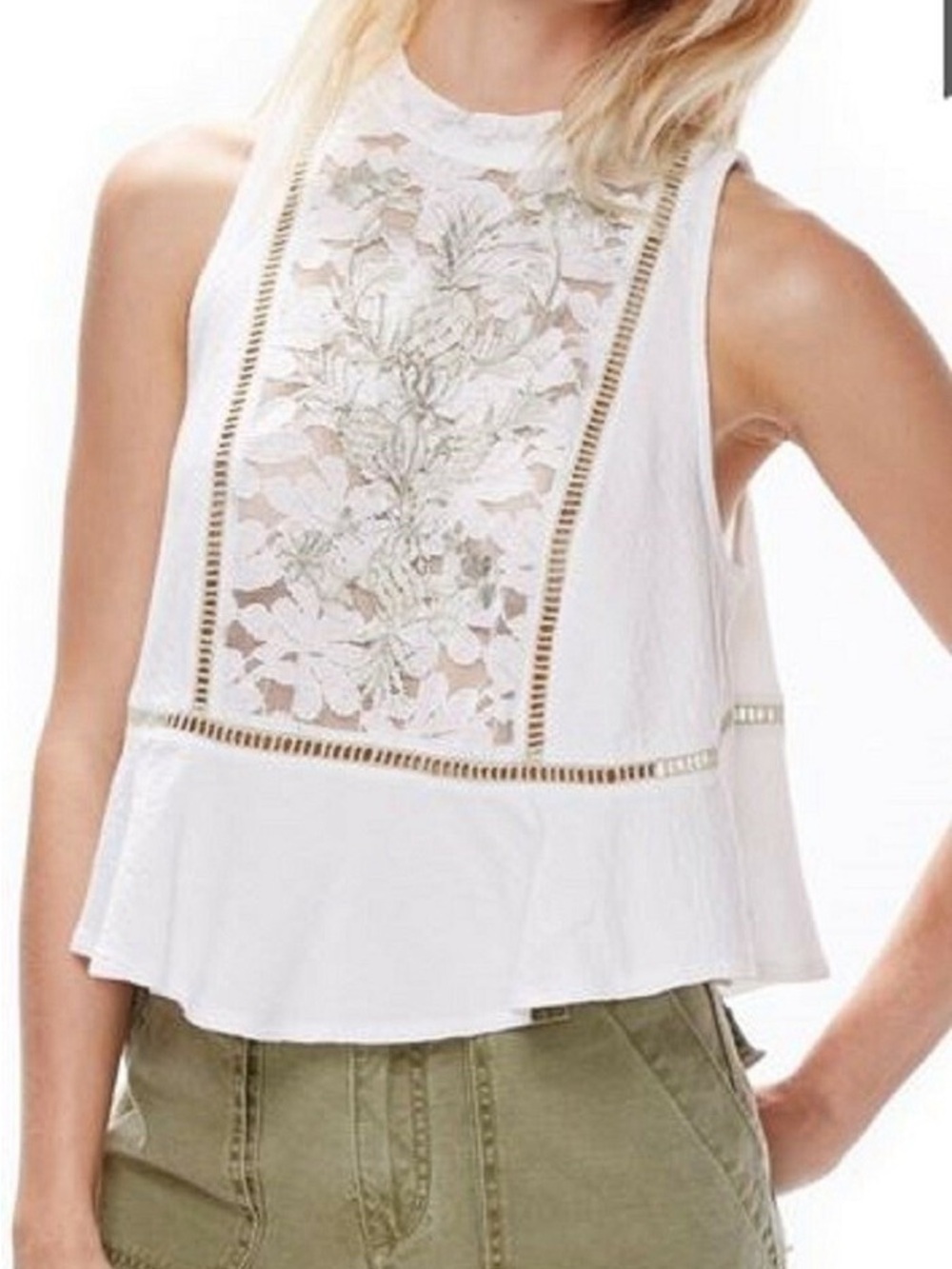 Free People Flora Lace Metallic Pineapple Boho Tank Top Cottagecore Size S